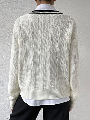 Verdusa Women's V Neck Striped Drop Shoulder Long Sleeve Sweater Knit Tops Pullover White Medium