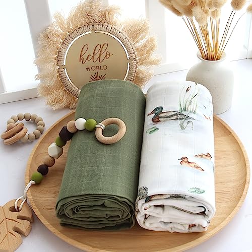 LifeTree Muslin Swaddle Blankets Unisex, Baby Swaddling Wrap Nursery Neutral Receiving Blanket for Boys & Girls, 70% Viscose from Bamboo & 30% Cotton, Large 47 x 47 inches Mallard Duck/Olive Green