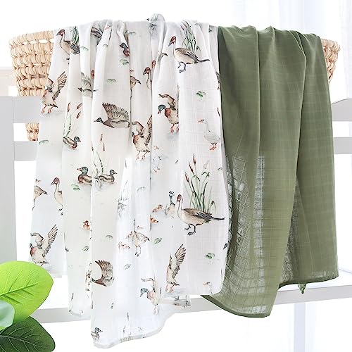 LifeTree Muslin Swaddle Blankets Unisex, Baby Swaddling Wrap Nursery Neutral Receiving Blanket for Boys & Girls, 70% Viscose from Bamboo & 30% Cotton, Large 47 x 47 inches Mallard Duck/Olive Green