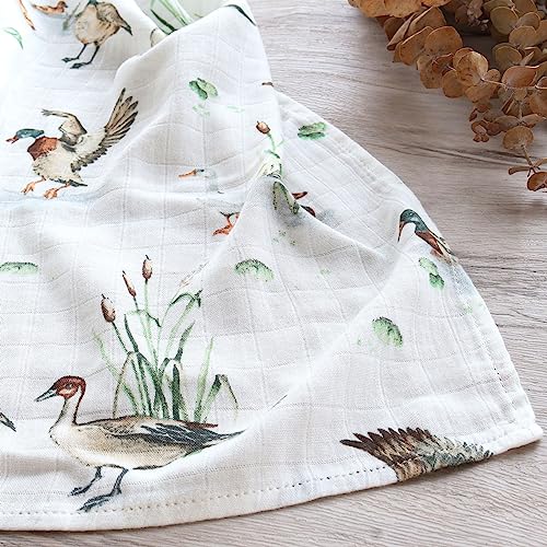 LifeTree Muslin Swaddle Blankets Unisex, Baby Swaddling Wrap Nursery Neutral Receiving Blanket for Boys & Girls, 70% Viscose from Bamboo & 30% Cotton, Large 47 x 47 inches Mallard Duck/Olive Green