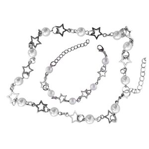 fuqimanman2020 y2k bracelet necklace for women girls star imitation pearl bead y2k jewelry silver chain charm aesthetic grunge gift-set