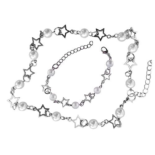 Fuqimanman2020 Y2k Bracelet Necklace for Women Girls Star Imitation Pearl Bead Y2k Jewelry Silver Chain Charm Aesthetic Grunge Gift-set