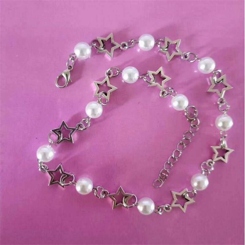 Fuqimanman2020 Y2k Bracelet Necklace for Women Girls Star Imitation Pearl Bead Y2k Jewelry Silver Chain Charm Aesthetic Grunge Gift-set