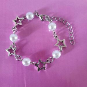 Fuqimanman2020 Y2k Bracelet Necklace for Women Girls Star Imitation Pearl Bead Y2k Jewelry Silver Chain Charm Aesthetic Grunge Gift-set