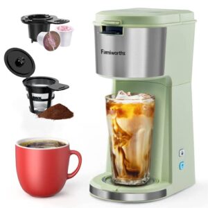 famiworths iced coffee maker, hot and cold coffee maker single serve for k cup and ground, with descaling reminder and self cleaning, iced coffee machine for home, office and rv,matcha green