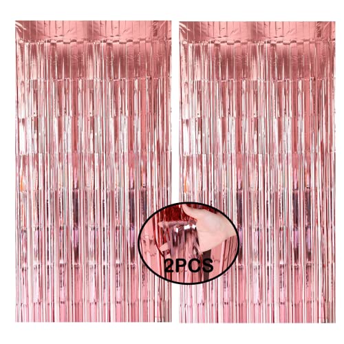 2Pcs Rose Gold Tinsel Foil Fringe Curtains Party Decorations Tinsel Curtains Streamers Backdrop 3.3ft *8.3ft Door Streamers Photo Booth Backdrops Foil Curtain for Birthday Party Backdrop Decorations