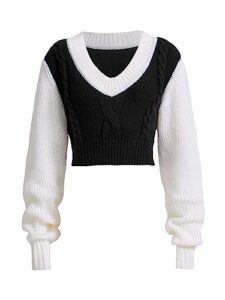 verdusa women's colorblock crop sweater long sleeve v neck knit pullover tops black and white small