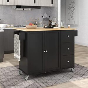 ayvbir kitchen island on wheels with drop leaf black rolling kitchen cart with storage cabinet mobile island table w/ 2 doors, 4 drawers, spice rack & towel rack for breakfast, dining