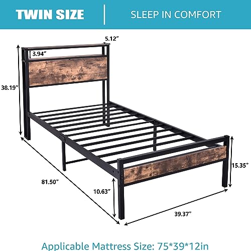 BITNUNU Twin Bed Frame with Headboard, Metal Platform Bed Frame with Sturdy Slat Support, No Box Spring Needed, 2-Tier Storage Headboard Shelf, Heavy Duty Feet, Easy Assembly (14-Inch, Twin)