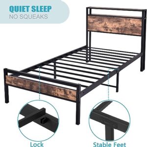 BITNUNU Twin Bed Frame with Headboard, Metal Platform Bed Frame with Sturdy Slat Support, No Box Spring Needed, 2-Tier Storage Headboard Shelf, Heavy Duty Feet, Easy Assembly (14-Inch, Twin)