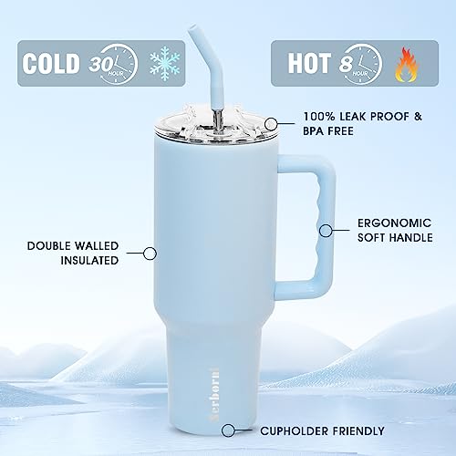 Serborni 40 oz Tumbler With Handle and 2 Straws Lid, Insulated Tumblers Stainless Steel, Upgraded Leak-Proof Lid For Hot and Cold Insulation Travel Coffee Cup Mug（Skyblue）