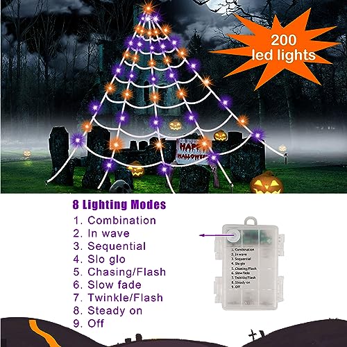 Joliyoou 200 LED 19.7ft x 16.4ft Halloween Spiderweb with Orange and Purple Lights, 8 Modes Remote Controlled Cobweb for Indoor Outdoor Spooky Party Decoration