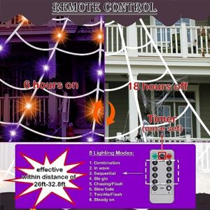 Joliyoou 200 LED 19.7ft x 16.4ft Halloween Spiderweb with Orange and Purple Lights, 8 Modes Remote Controlled Cobweb for Indoor Outdoor Spooky Party Decoration