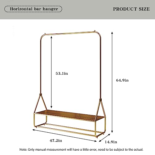 FIJOS Clothes Rack, Clothing Racks for Hanging Clothes, Metal Garment Rack with Bottom Shelf for Hanging Clothes, Coats, Skirts, Shirts, Sweaters (47.2" L Gold)