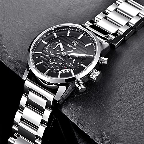 BY BENYAR Men's Watches,Stainless Steel Waterproof Watch for Men，Sport Military Multifunction Chronograph Quartz Wristwatches, Calendar with Leather Strap（Steel Black