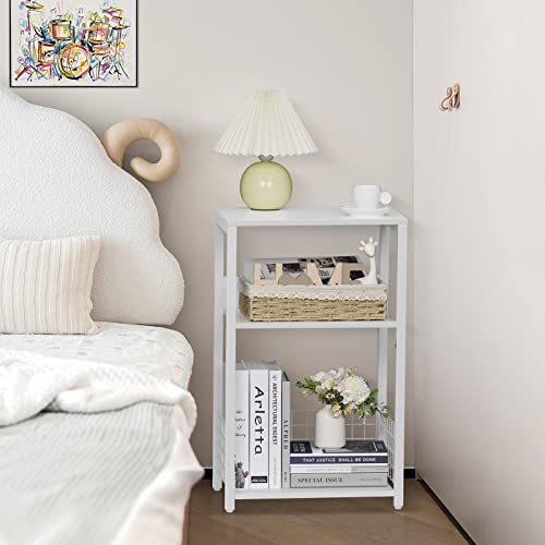 LELELINKY White End Tables Set of 2,Modern 3 Tier Side Table with Storage Shelf,Industrial Tall End Bedside Table, Metal Frame Night Stand for Small Space in Living Room Bedroom