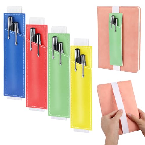 Jspupifip 4 Pieces Adjustable Elastic Pen Holder, Pen Holder for Notebook, Elastic Band Pencil Pouch, Detachable Pu Leather Pen Sleeve for Hardcover Journals, Notebooks(Red, Blue, Yellow, Green)