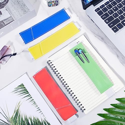Jspupifip 4 Pieces Adjustable Elastic Pen Holder, Pen Holder for Notebook, Elastic Band Pencil Pouch, Detachable Pu Leather Pen Sleeve for Hardcover Journals, Notebooks(Red, Blue, Yellow, Green)