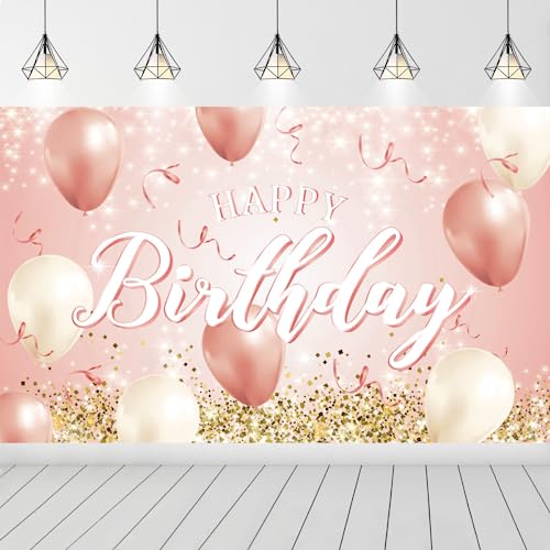 ASOONYUM 6x4ft Glitter Pink Gold Birthday Backdrop for Women Girls Rose Golden Balloon Background for Photography Happy Birthday Banner for 16th 21st 30th 40th 50th 60th Bday Decor