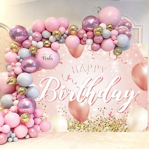 ASOONYUM 6x4ft Glitter Pink Gold Birthday Backdrop for Women Girls Rose Golden Balloon Background for Photography Happy Birthday Banner for 16th 21st 30th 40th 50th 60th Bday Decor