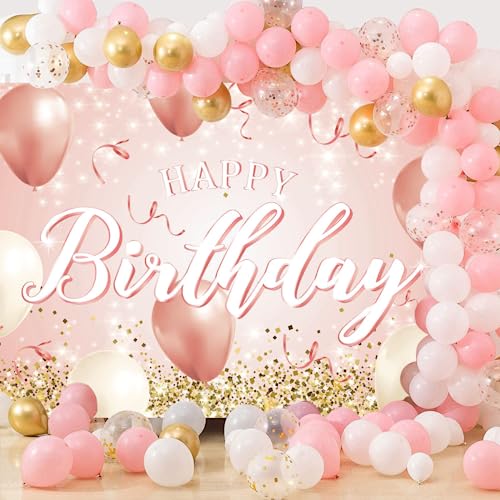 ASOONYUM 6x4ft Glitter Pink Gold Birthday Backdrop for Women Girls Rose Golden Balloon Background for Photography Happy Birthday Banner for 16th 21st 30th 40th 50th 60th Bday Decor