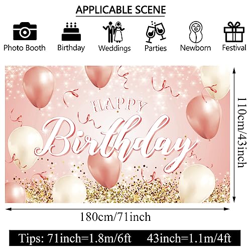 ASOONYUM 6x4ft Glitter Pink Gold Birthday Backdrop for Women Girls Rose Golden Balloon Background for Photography Happy Birthday Banner for 16th 21st 30th 40th 50th 60th Bday Decor