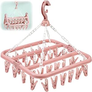 menfeng clothes drying hanger and drip foldable hanging sock rack（32 clips ） multifunction clothes drying rack，rotary wind-sock hanger for washing line，for socks, underwear, bras, baby clothes (pink)
