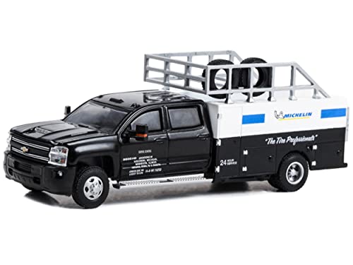 2018 Chevy Silverado 3500 Dually Tire Service Truck Black Michelin: The Tire Professionals Dually Drivers 1/64 Diecast Model Car by Greenlight 46120 C