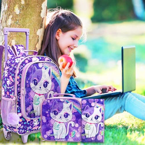 KLFVB Kids Rolling Backpack for Girls, Roller Wheels School Bag with Lunch Bag, Wheeled Sequins School Bookbag for Children - Cat