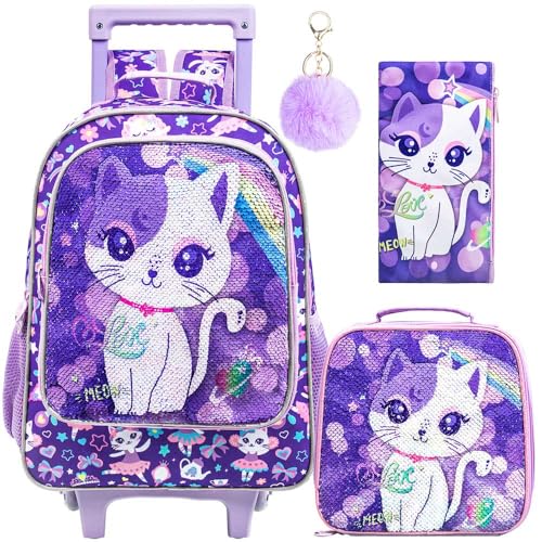 KLFVB Kids Rolling Backpack for Girls, Roller Wheels School Bag with Lunch Bag, Wheeled Sequins School Bookbag for Children - Cat