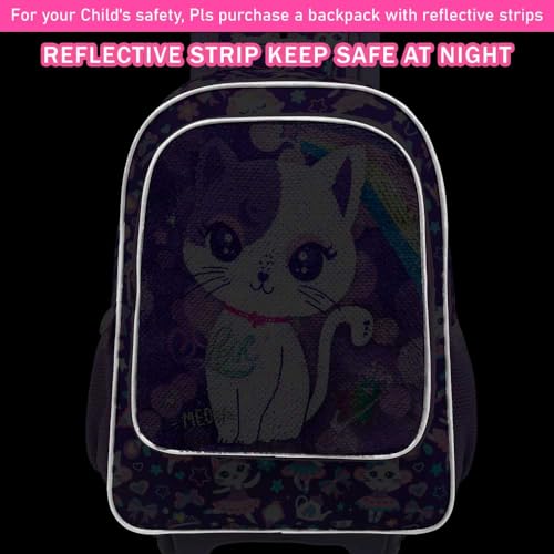 KLFVB Kids Rolling Backpack for Girls, Roller Wheels School Bag with Lunch Bag, Wheeled Sequins School Bookbag for Children - Cat