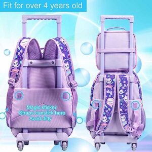 KLFVB Kids Rolling Backpack for Girls, Roller Wheels School Bag with Lunch Bag, Wheeled Sequins School Bookbag for Children - Cat