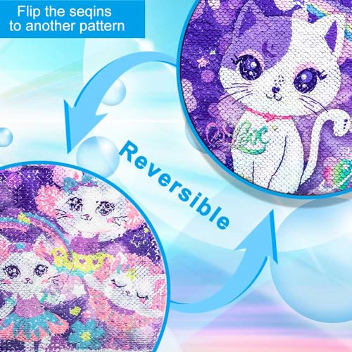 KLFVB Kids Rolling Backpack for Girls, Roller Wheels School Bag with Lunch Bag, Wheeled Sequins School Bookbag for Children - Cat