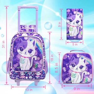 KLFVB Kids Rolling Backpack for Girls, Roller Wheels School Bag with Lunch Bag, Wheeled Sequins School Bookbag for Children - Cat