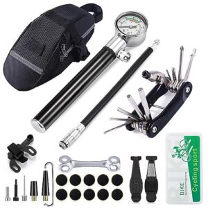 YBEKI Bike Tyre Repair Tool Kit - Bicycle Tool kit with 210 Psi Mini Pump 10-in-1 Multi-Tool with Chain Breaker, Tyre Levers &Tire Patch, Bone Wrench, 1 Portable Bag. 6 Month Warranty