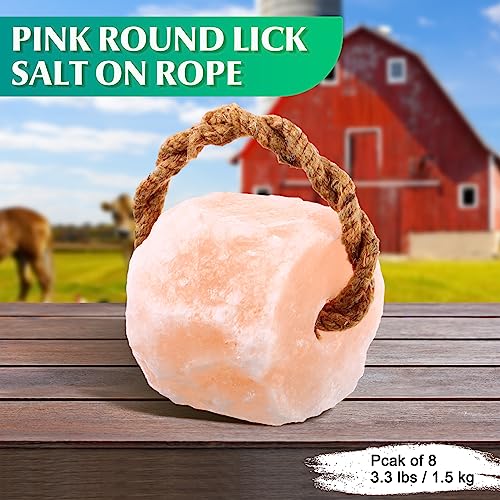 Fabbay 8 Pcs Lick Salt Round Pink 3.3lbs Salt Lick on Rope Natural Lick Salt Block Long Lasting Mineral Salt Block for Horse Deer Cow Goat Cattle Pig Small Pet and Livestock