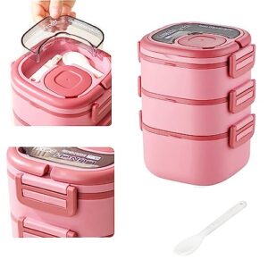 tinaforld all-in-one salad container - large 82-oz salad bowl, bento lunch box,3-layer bento-style tray for toppings, 3-oz sauce container for dressings, and built-in reusable fork and knife (2400ml-3-layer-pink)