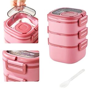 Tinaforld All-in-One Salad Container - Large 82-oz Salad Bowl, Bento Lunch Box,3-layer Bento-Style Tray for Toppings, 3-oz Sauce Container for Dressings, and Built-In Reusable Fork and Knife (2400ml-3-Layer-Pink)