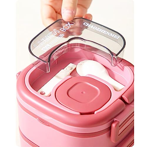 Tinaforld All-in-One Salad Container - Large 82-oz Salad Bowl, Bento Lunch Box,3-layer Bento-Style Tray for Toppings, 3-oz Sauce Container for Dressings, and Built-In Reusable Fork and Knife (2400ml-3-Layer-Pink)