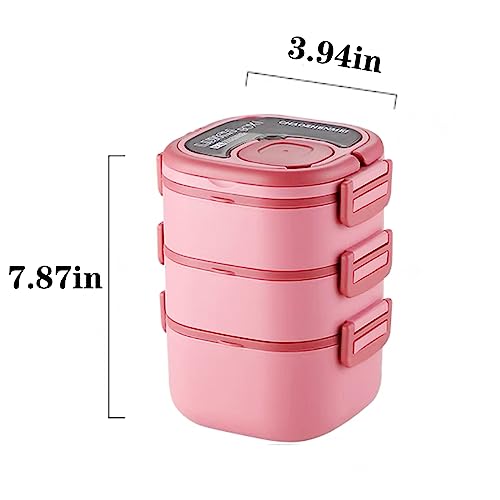 Tinaforld All-in-One Salad Container - Large 82-oz Salad Bowl, Bento Lunch Box,3-layer Bento-Style Tray for Toppings, 3-oz Sauce Container for Dressings, and Built-In Reusable Fork and Knife (2400ml-3-Layer-Pink)