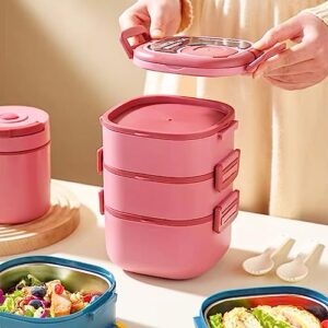 Tinaforld All-in-One Salad Container - Large 82-oz Salad Bowl, Bento Lunch Box,3-layer Bento-Style Tray for Toppings, 3-oz Sauce Container for Dressings, and Built-In Reusable Fork and Knife (2400ml-3-Layer-Pink)