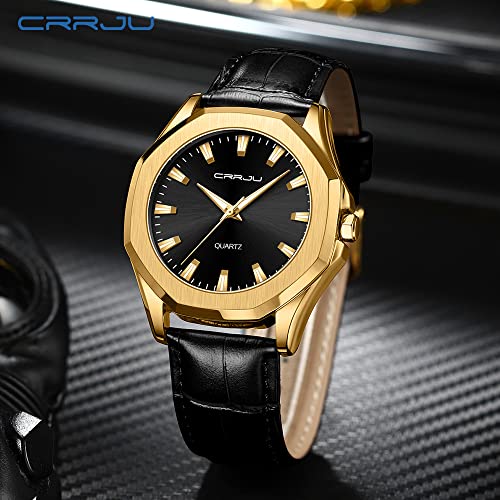 CRRJU Men's Fashion Luxury Classical Golden Watches for Men Business Simple Luminous Analog Quartz Leather Wristwatches