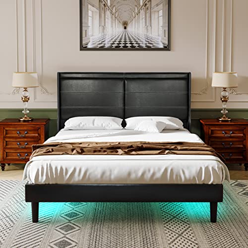 Origeture Queen Size Bed Frame with RGBW LED Lights Leather Headboard, Heavy-Duty Leather Upholstered Platform Bed with Thicker Wooden Slats Support, Noise-Free, Easy Assembly, Black