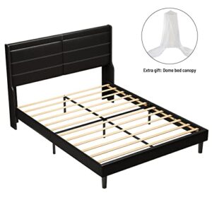 Origeture Queen Size Bed Frame with RGBW LED Lights Leather Headboard, Heavy-Duty Leather Upholstered Platform Bed with Thicker Wooden Slats Support, Noise-Free, Easy Assembly, Black