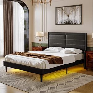 Origeture Queen Size Bed Frame with RGBW LED Lights Leather Headboard, Heavy-Duty Leather Upholstered Platform Bed with Thicker Wooden Slats Support, Noise-Free, Easy Assembly, Black