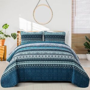 wongs bedding boho king quilt set, blue bohemian king quilt bedding set, lightweight microfiber bed decor bedspread for all season 103"x90"(3 pieces)