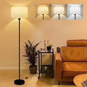 floor lamps for living room, modern standing lamp with 3 color temperatures(9w bulb), white linen lampshade, foot switch, simple reading floor lamps tall lamps for bedroom/office/nightstand/classroom