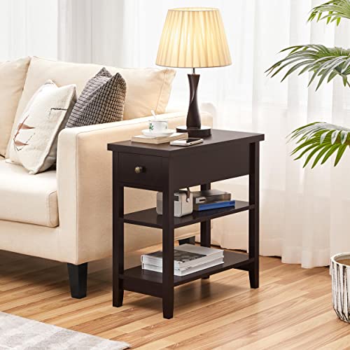 Yaheetech 3-Tier Narrow Side Table with Drawer and Storage Shelves, Small End Table Bedside Cabinet for Living Room Bedroom Small Space Hallway Corner, 24″ L × 12″ W × 24.5″ H, Espresso
