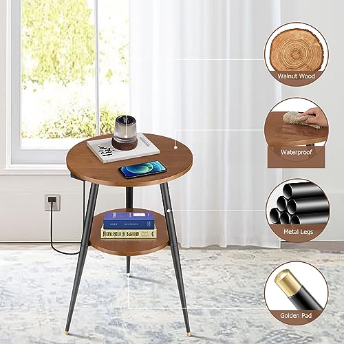 kinnary end Table with Charging Station, 2 Tier Walnut Wood Small Round Side with Storage for Small Spaces, Round nightstand Small Accent Table for Living Room Sofa Tall Side Tables Bedroom