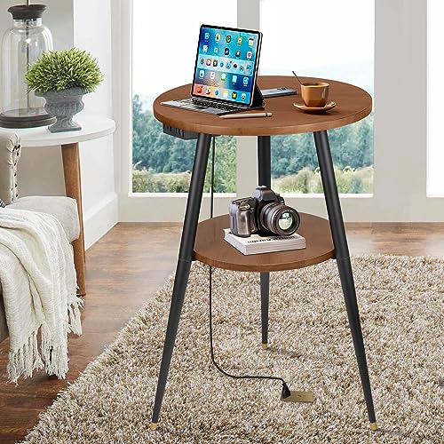 kinnary end Table with Charging Station, 2 Tier Walnut Wood Small Round Side with Storage for Small Spaces, Round nightstand Small Accent Table for Living Room Sofa Tall Side Tables Bedroom